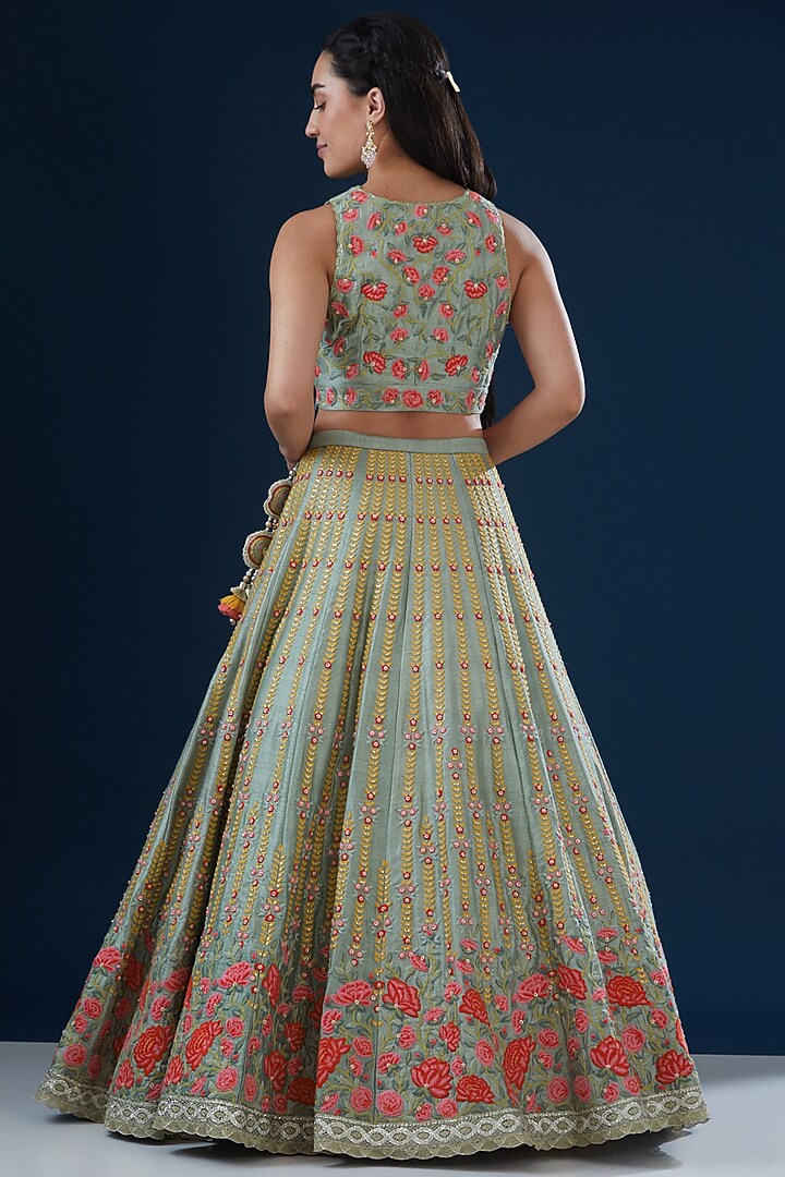 Green Raw Silk Floral Embroidered Wedding Lehenga Set by Summer by Priyanka Gupta at Pernia's Pop Up Shop