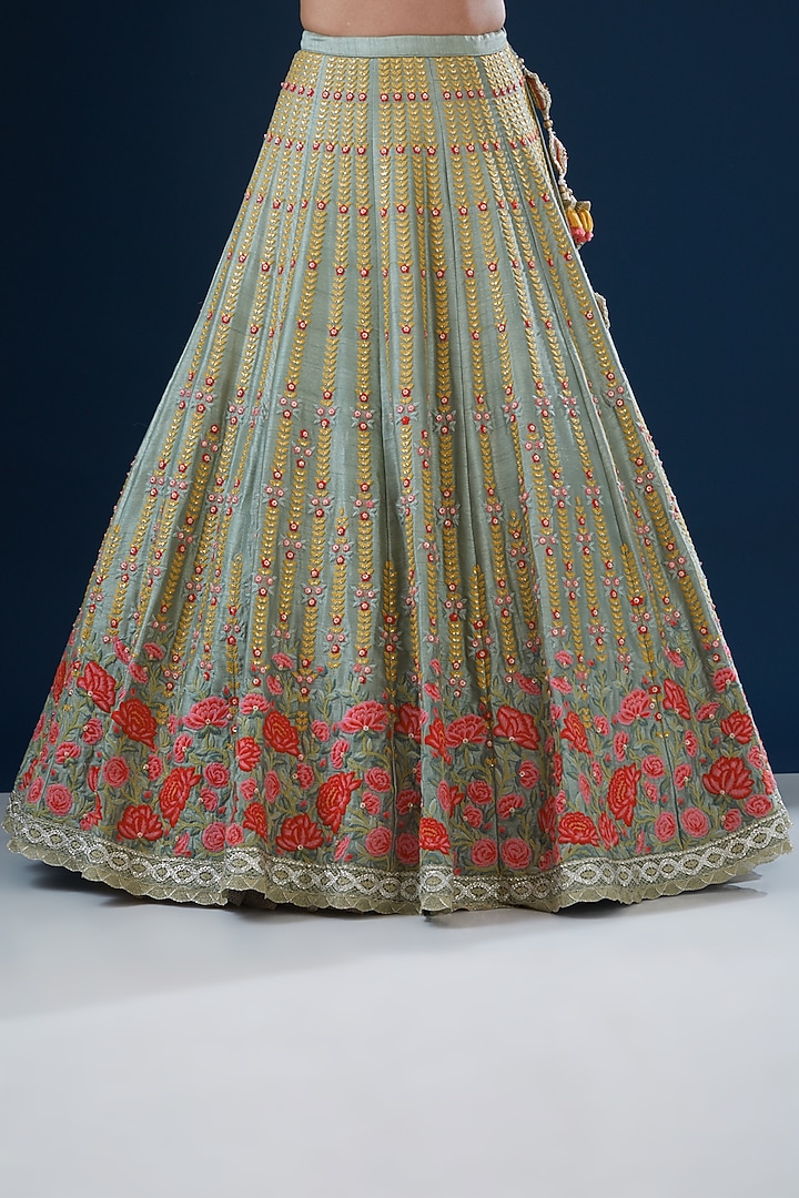 Green Raw Silk Floral Embroidered Wedding Lehenga Set by Summer by Priyanka Gupta at Pernia's Pop Up Shop