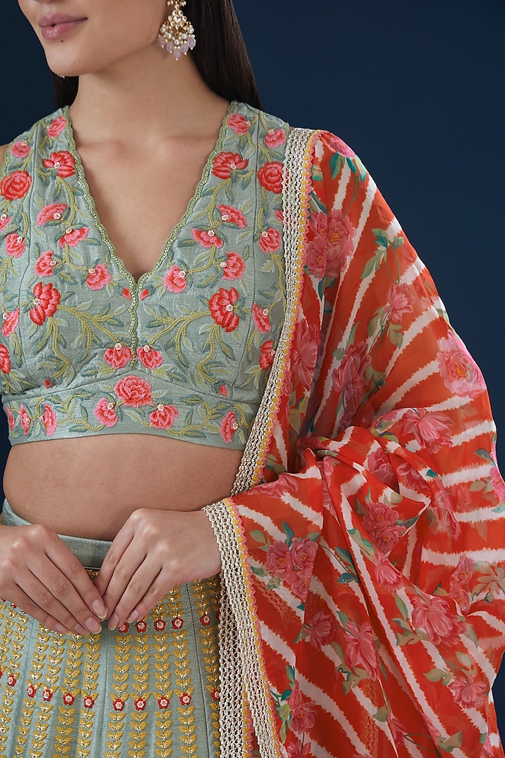 Green Raw Silk Floral Embroidered Wedding Lehenga Set by Summer by Priyanka Gupta at Pernia's Pop Up Shop