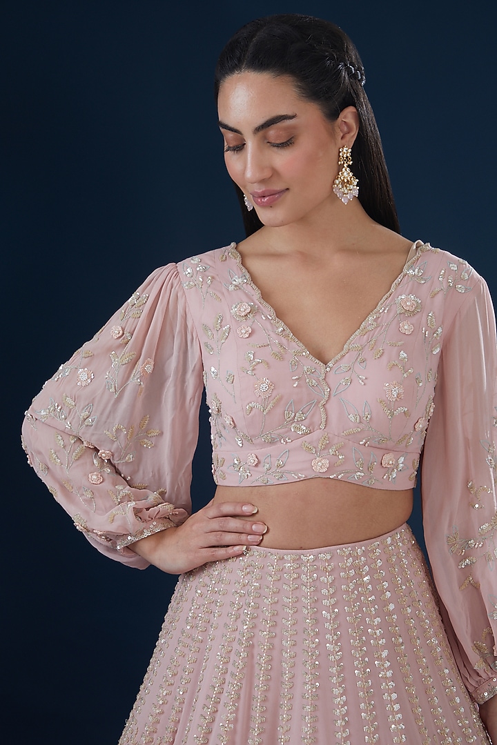 Blush Pink Georgette Hand Embroidered Bridal Lehenga Set by Summer by Priyanka Gupta at Pernia's Pop Up Shop