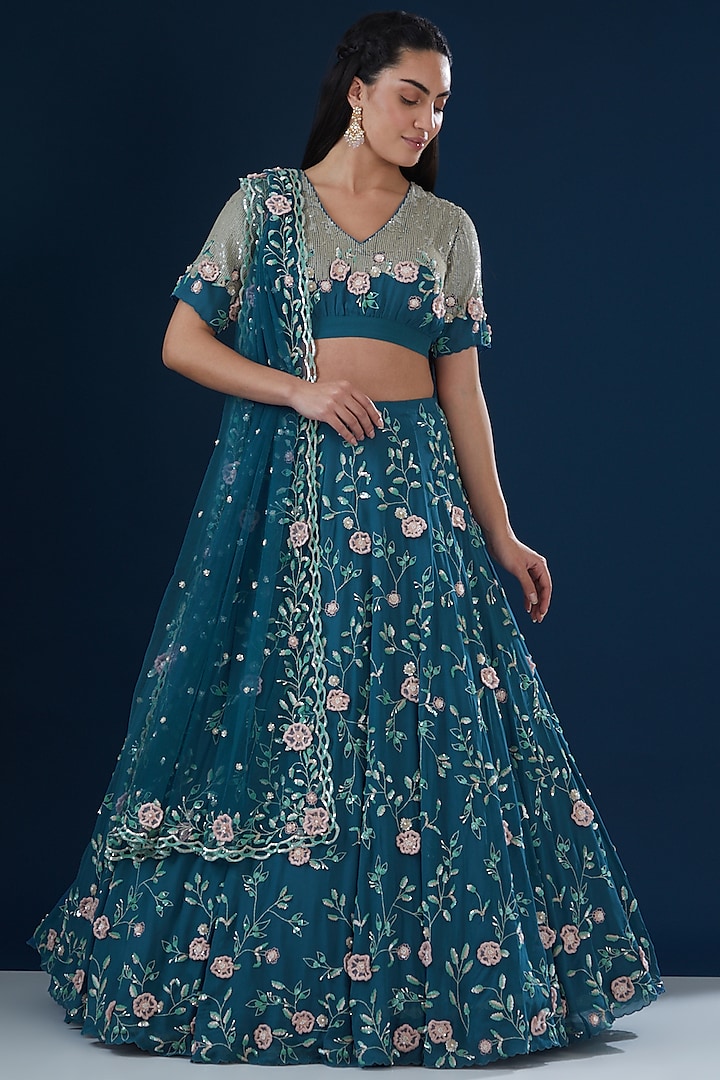 Blue Georgette Hand Embroidered Wedding Lehenga Set by Summer by Priyanka Gupta at Pernia's Pop Up Shop