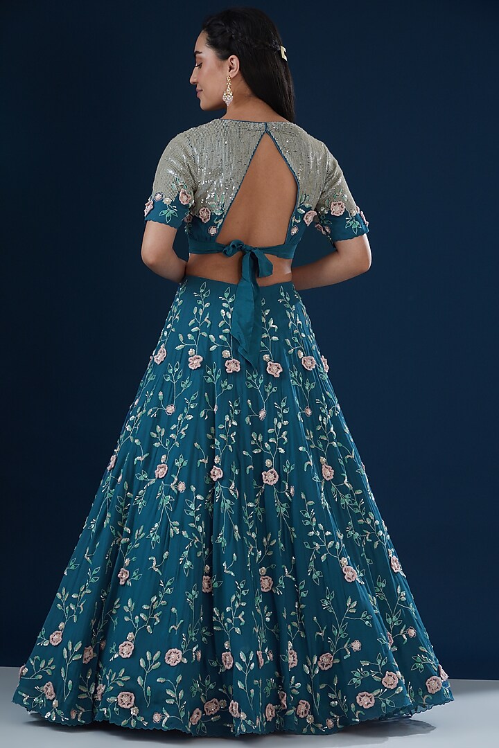 Blue Georgette Hand Embroidered Wedding Lehenga Set by Summer by Priyanka Gupta at Pernia's Pop Up Shop