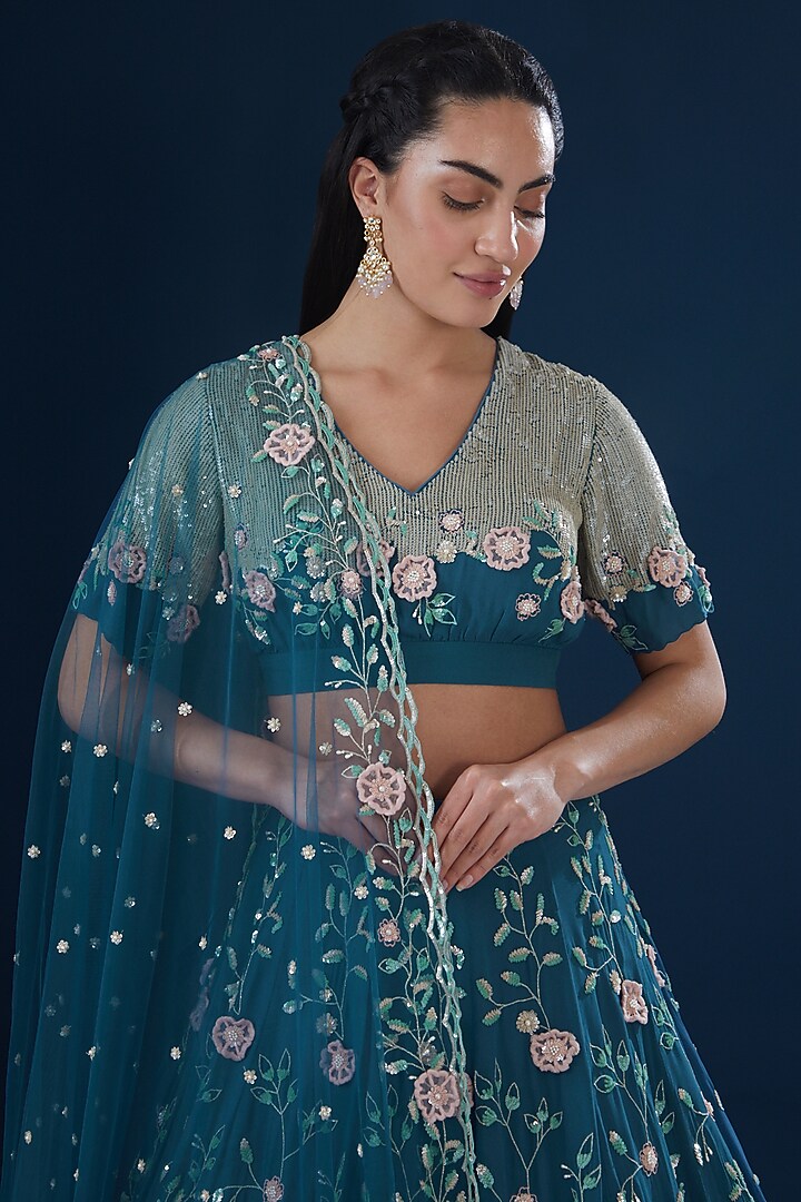 Blue Georgette Hand Embroidered Wedding Lehenga Set by Summer by Priyanka Gupta at Pernia's Pop Up Shop