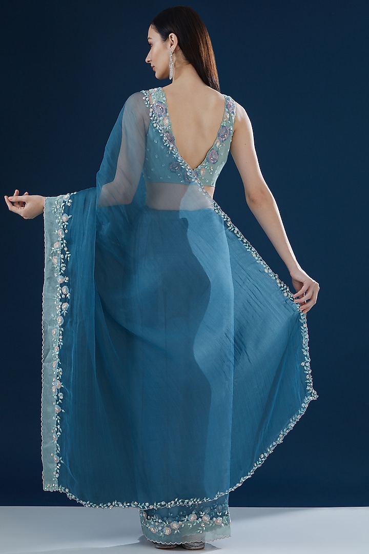 Blue Organza Hand Embroidered Wedding Saree Set by Summer by Priyanka Gupta at Pernia's Pop Up Shop