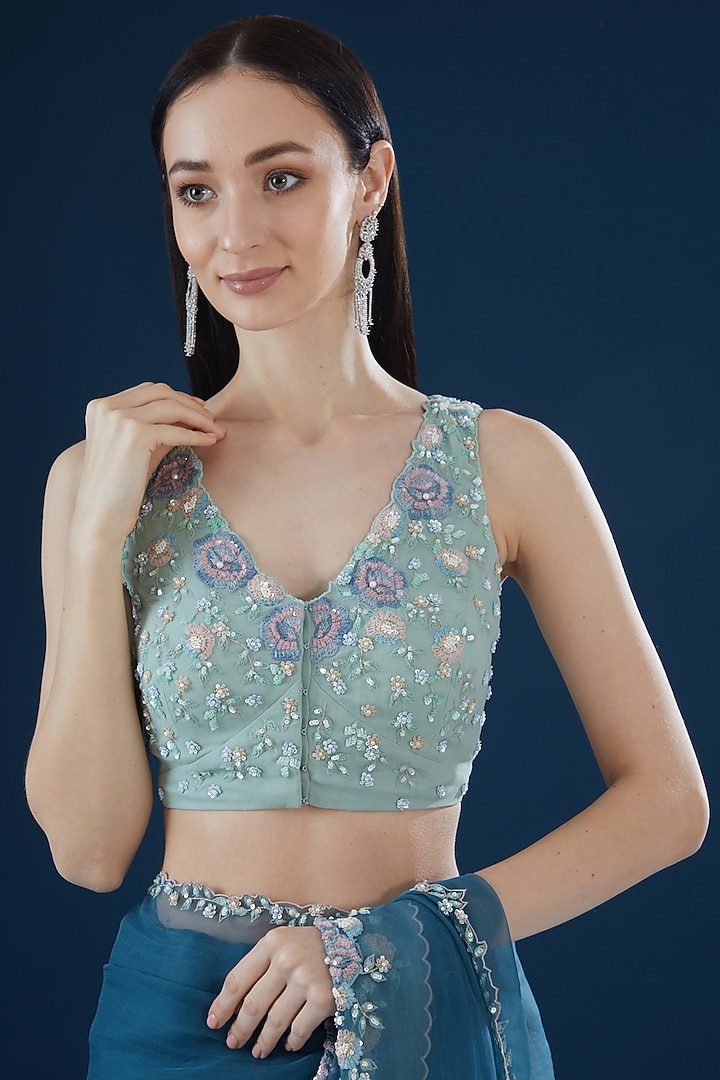 Blue Organza Hand Embroidered Wedding Saree Set by Summer by Priyanka Gupta at Pernia's Pop Up Shop