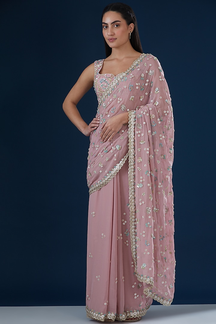 Lavender Georgette Hand Embroidered Wedding Saree Set by Summer by Priyanka Gupta at Pernia's Pop Up Shop