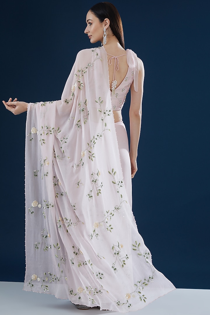 Pink Chiffon Hand Embroidered Wedding Saree Set by Summer by Priyanka Gupta at Pernia's Pop Up Shop