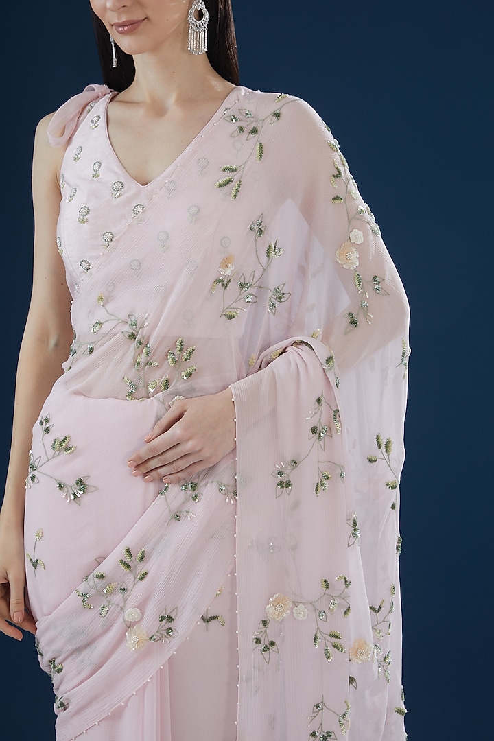 Pink Chiffon Hand Embroidered Wedding Saree Set by Summer by Priyanka Gupta at Pernia's Pop Up Shop