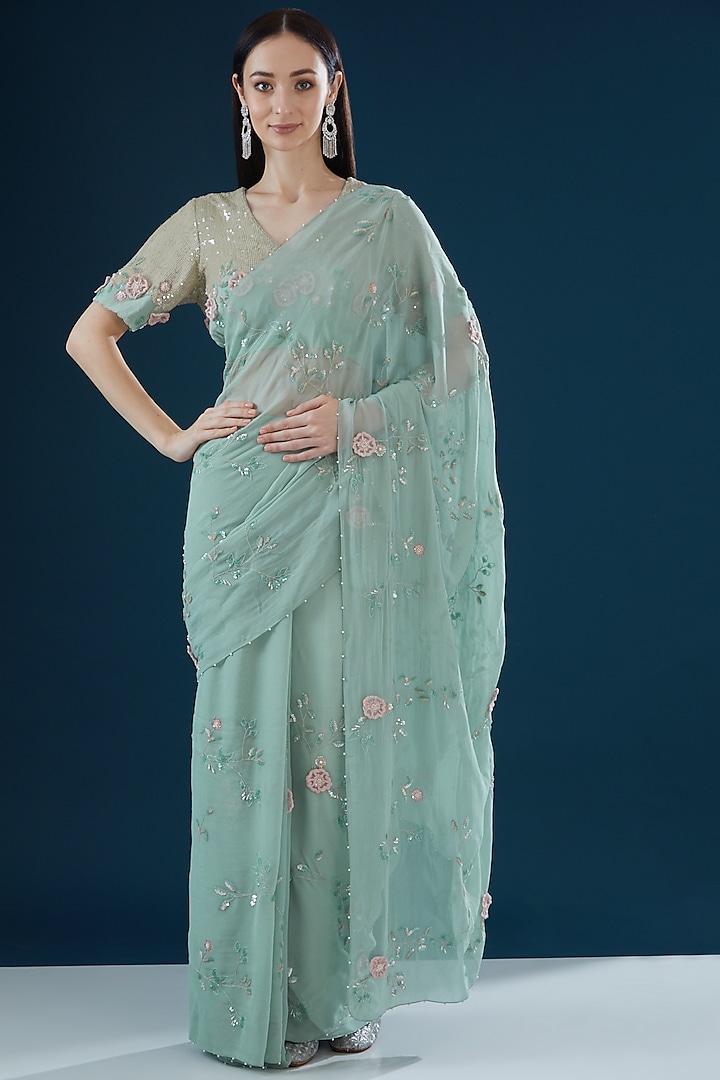 Teal Georgette Hand Embroidered Saree Set by Summer by Priyanka Gupta at Pernia's Pop Up Shop