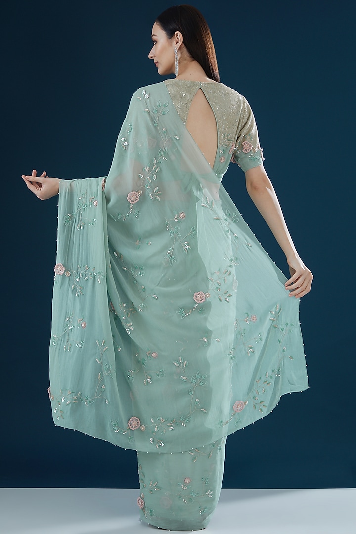Teal Georgette Hand Embroidered Wedding Saree Set by Summer by Priyanka Gupta at Pernia's Pop Up Shop