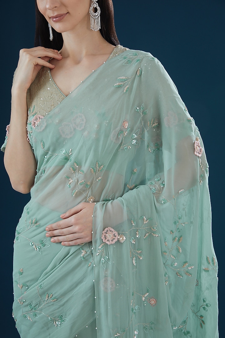Teal Georgette Hand Embroidered Wedding Saree Set by Summer by Priyanka Gupta at Pernia's Pop Up Shop