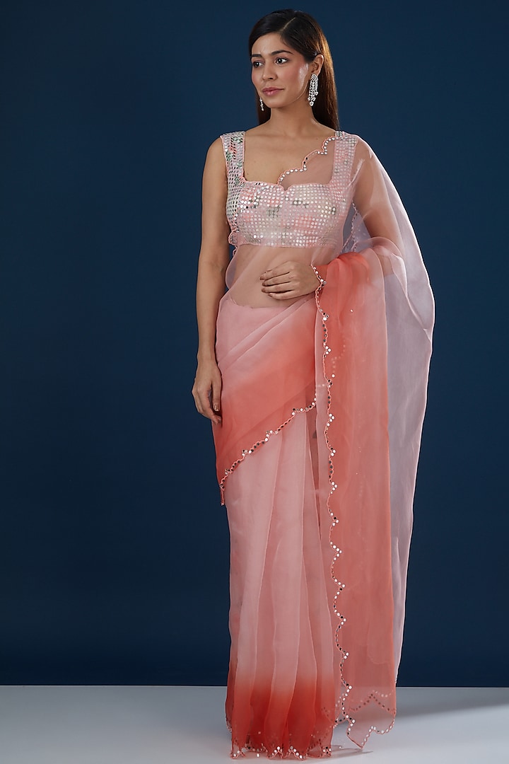 Pink Ombre Georgette Hand Embroidered Saree Set by Summer by Priyanka Gupta