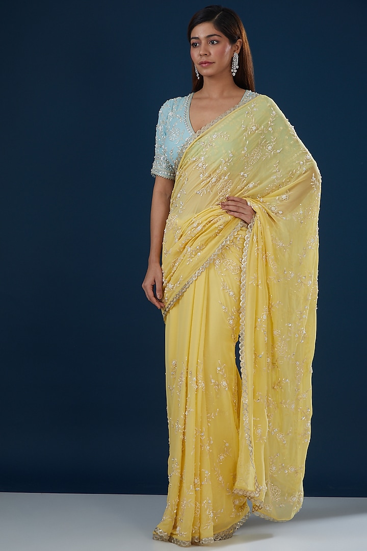 Yellow Georgette Embroidered Saree Set by Summer by Priyanka Gupta