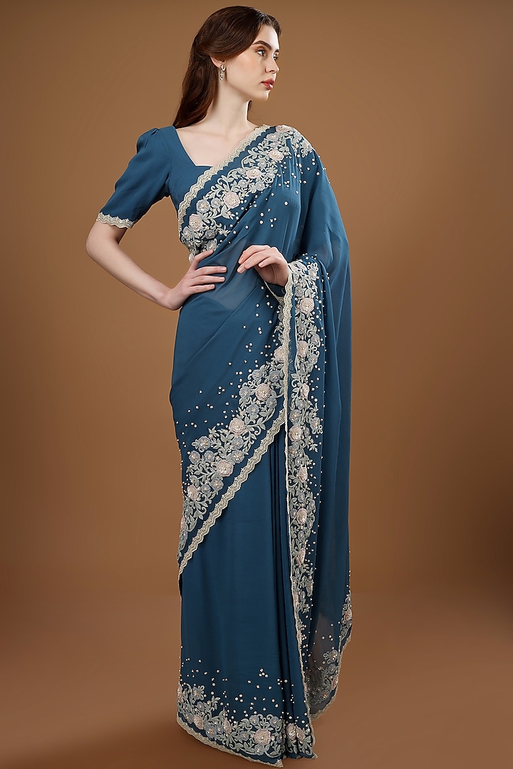 Blue Chiffon Embroidered Saree Set by Summer by Priyanka Gupta