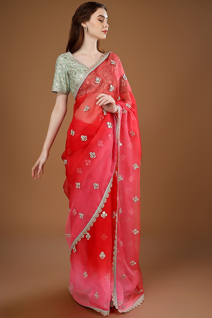 Red Chiffon Hand Embroidered Ombre Saree Set by Summer by Priyanka Gupta