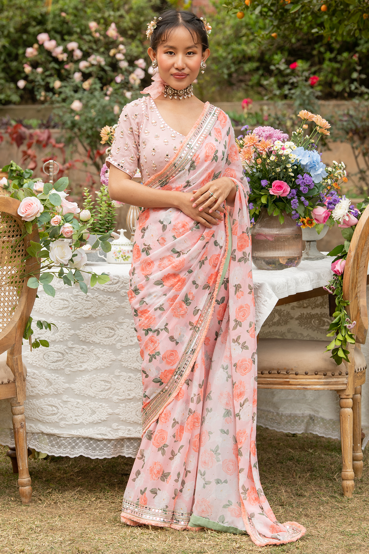Pink Georgette Embroidered Wedding Saree Set by Summer by Priyanka Gupta at Pernia's Pop Up Shop