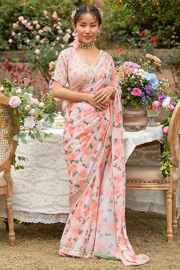 Pink Georgette Embroidered Saree Set by Summer by Priyanka Gupta
