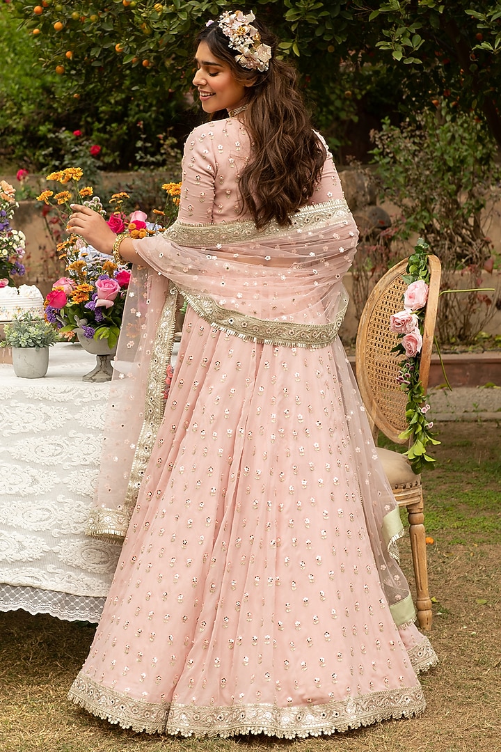 Pink Georgette Mirror Embroidered Wedding Lehenga Set by Summer by Priyanka Gupta at Pernia's Pop Up Shop