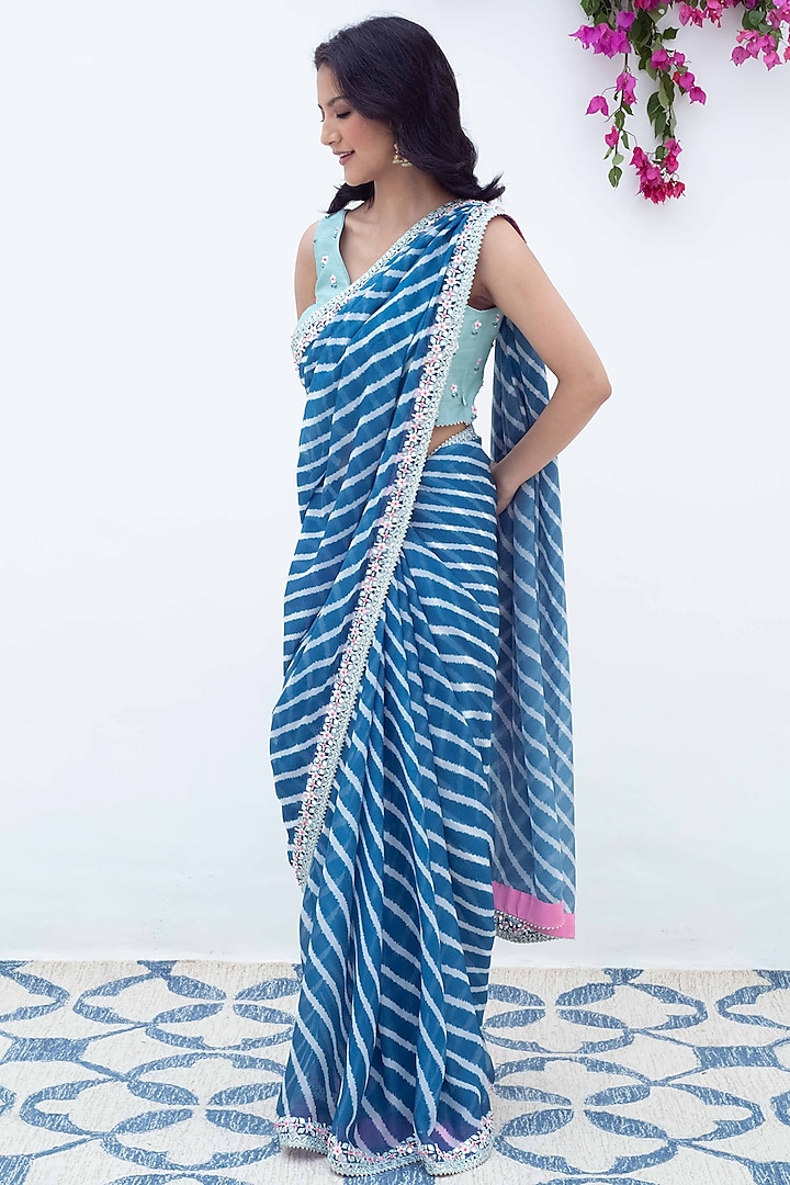 Blue Organza Hand Embroidered Leheriya Saree Set by Summer by Priyanka Gupta