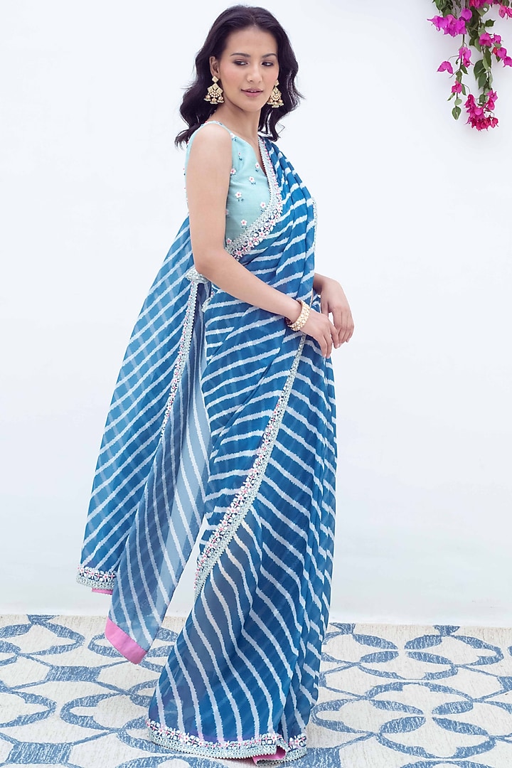 Blue Organza Hand Embroidered Leheriya Wedding Saree Set by Summer by Priyanka Gupta at Pernia's Pop Up Shop