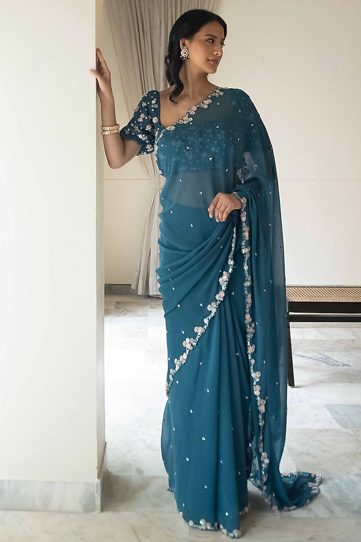 Blue Chiffon Hand Embroidered Saree Set by Summer by Priyanka Gupta