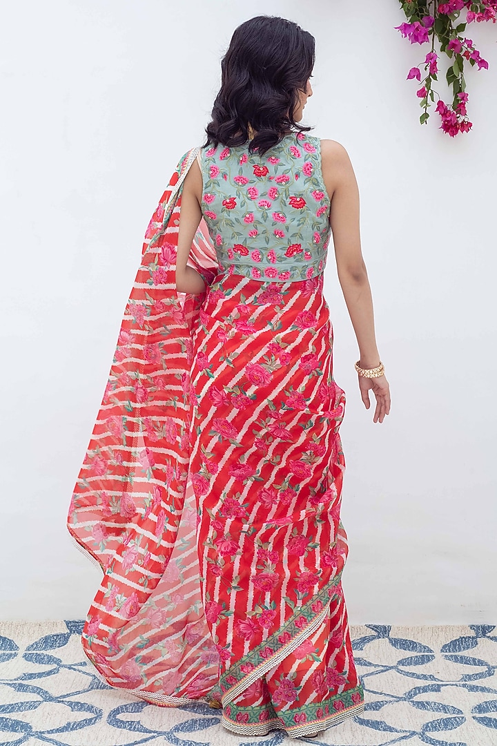 Red Organza Embroidered Lehriya Party Wear Saree Set by Summer by Priyanka Gupta at Pernia's Pop Up Shop