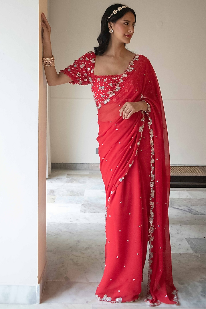 Red Chiffon Hand Embroidered Saree Set by Summer by Priyanka Gupta