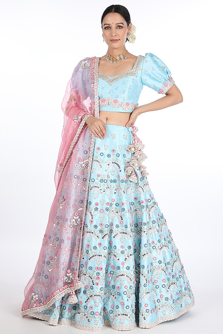 Sky Blue Embroidered Bridal Lehenga Set by Summer by Priyanka Gupta at Pernia's Pop Up Shop