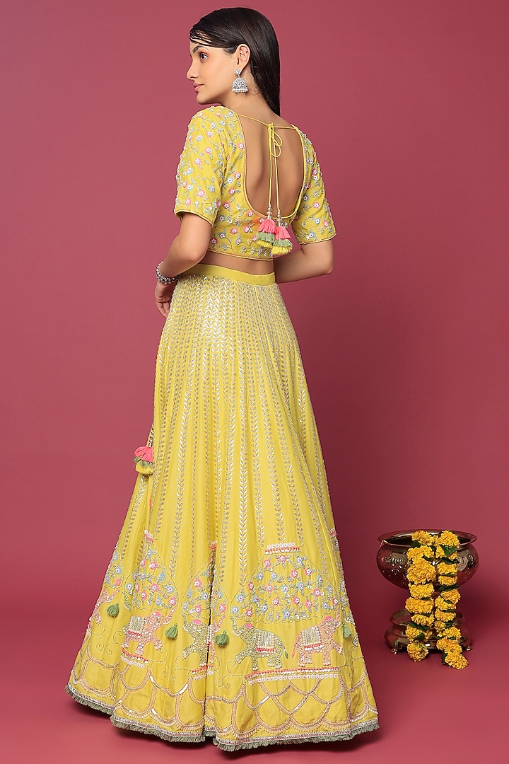 Yellow Chanderi Embroidered Bridal Lehenga Set by Summer by Priyanka Gupta at Pernia's Pop Up Shop