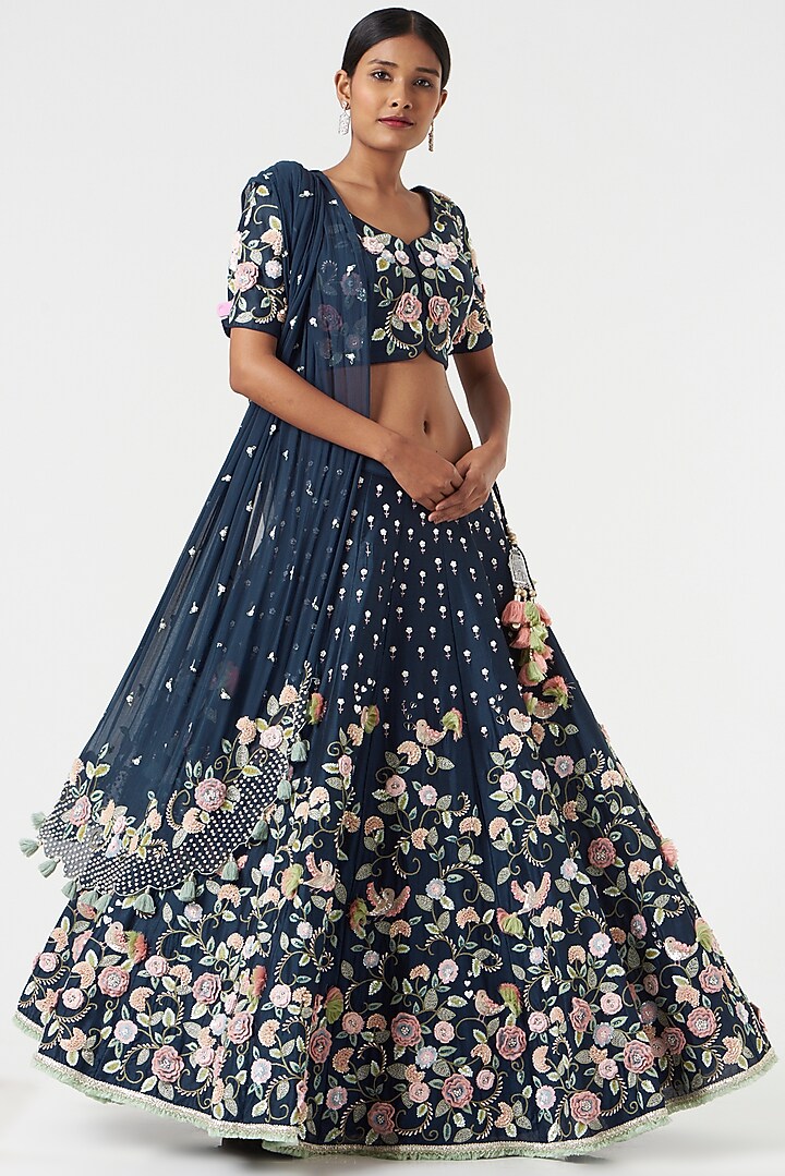 Navy Blue Embroidered Bridal Lehenga Set by Summer by Priyanka Gupta at Pernia's Pop Up Shop