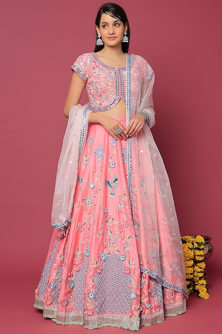 Pink Chanderi Embroidered Lehenga Set by Summer by Priyanka Gupta