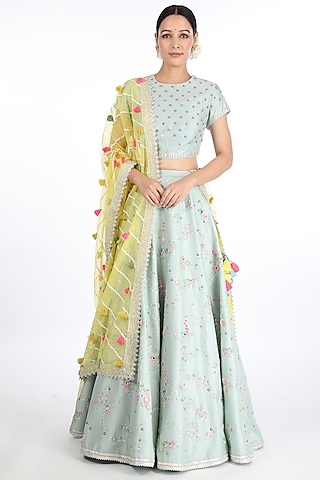 Teal Hand Embroidered Lehenga Set by Summer by Priyanka Gupta