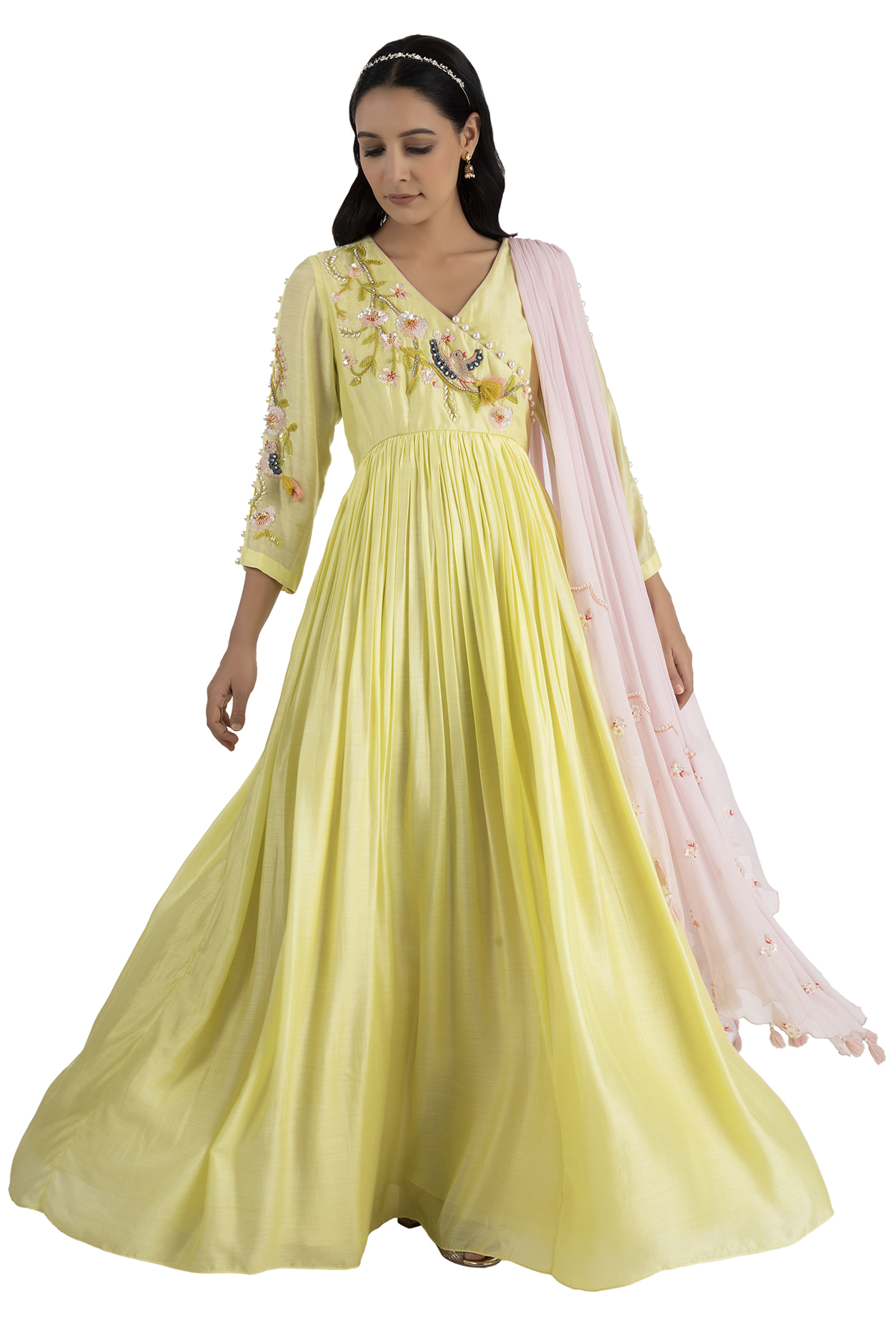Lime Yellow Hand & Machine Embroidered Wedding Anarkali Set by Summer by Priyanka Gupta at Pernia's Pop Up Shop