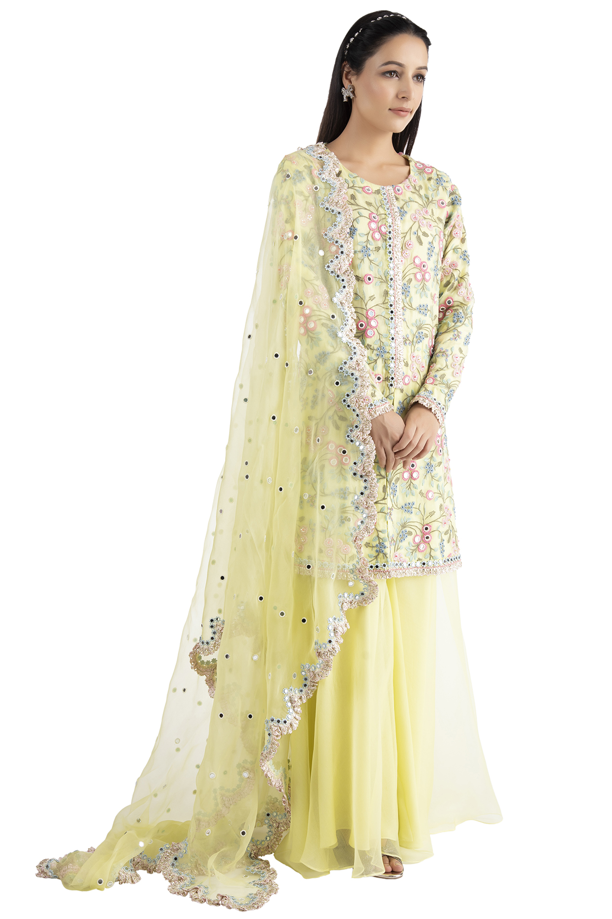 Lime Yellow Hand & Machine Embroidered Jacket Set by Summer by Priyanka Gupta at Pernia's Pop Up Shop