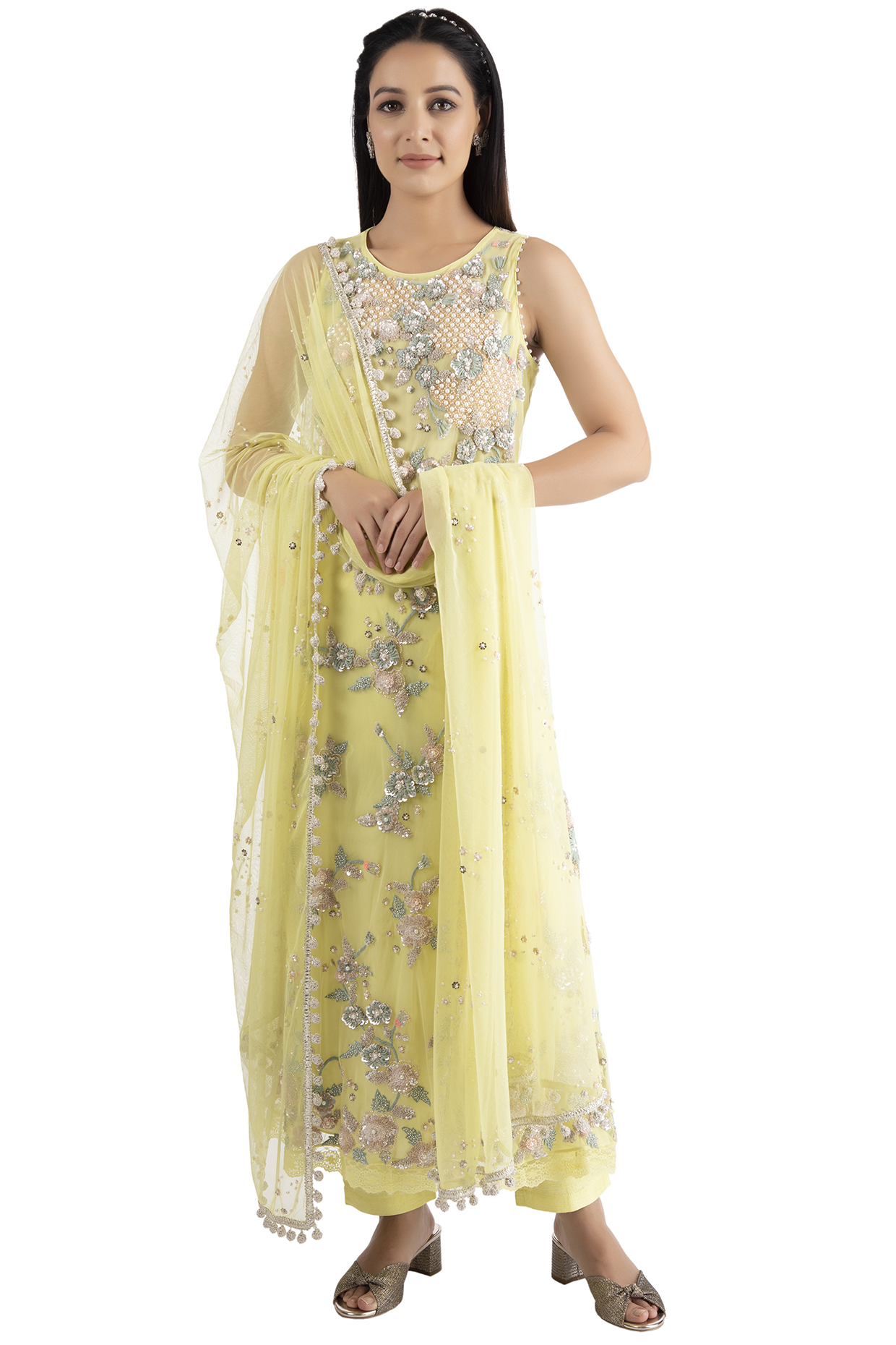 Lime Yellow Dupion Floral Kurta Set by Summer by Priyanka Gupta at Pernia's Pop Up Shop