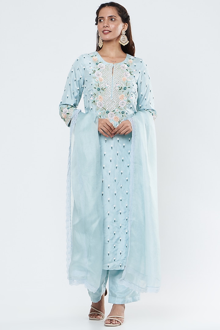 Sky Blue Embroidered Kurta Set by Summer by Priyanka Gupta