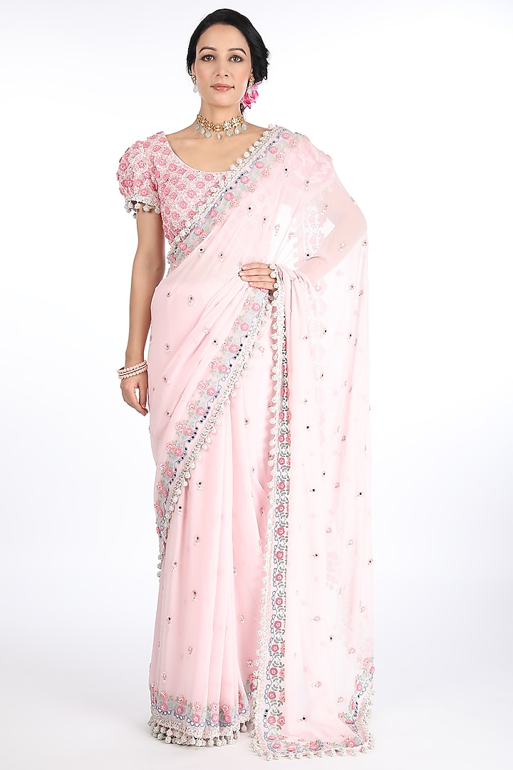 Blush Pink Hand Embroidered Wedding Saree Set by Summer by Priyanka Gupta at Pernia's Pop Up Shop