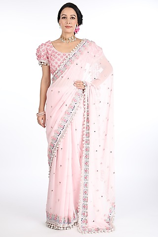 Blush Pink Hand Embroidered Saree Set by Summer by Priyanka Gupta