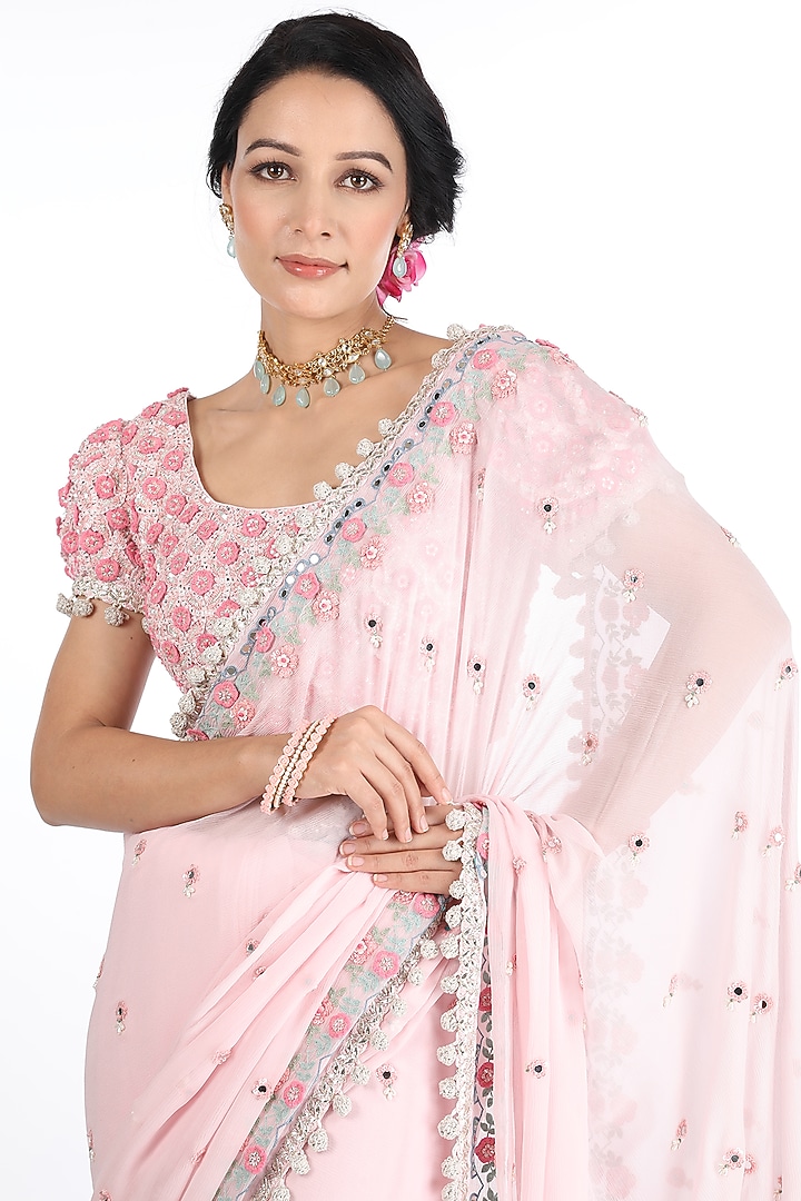 Blush Pink Hand Embroidered Wedding Saree Set by Summer by Priyanka Gupta at Pernia's Pop Up Shop