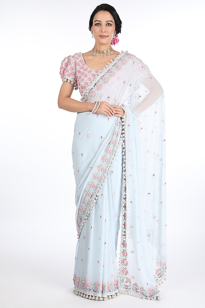 Ice Blue Embroidered Saree Set Design By Summer By Priyanka Gupta At 