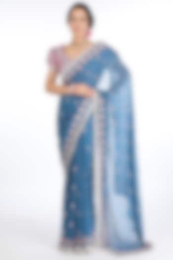 French Blue Embroidered Wedding Saree Set by Summer by Priyanka Gupta at Pernia's Pop Up Shop