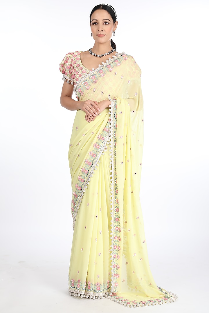 Lemon Yellow Chiffon Embroidered Saree Set by Summer by Priyanka Gupta
