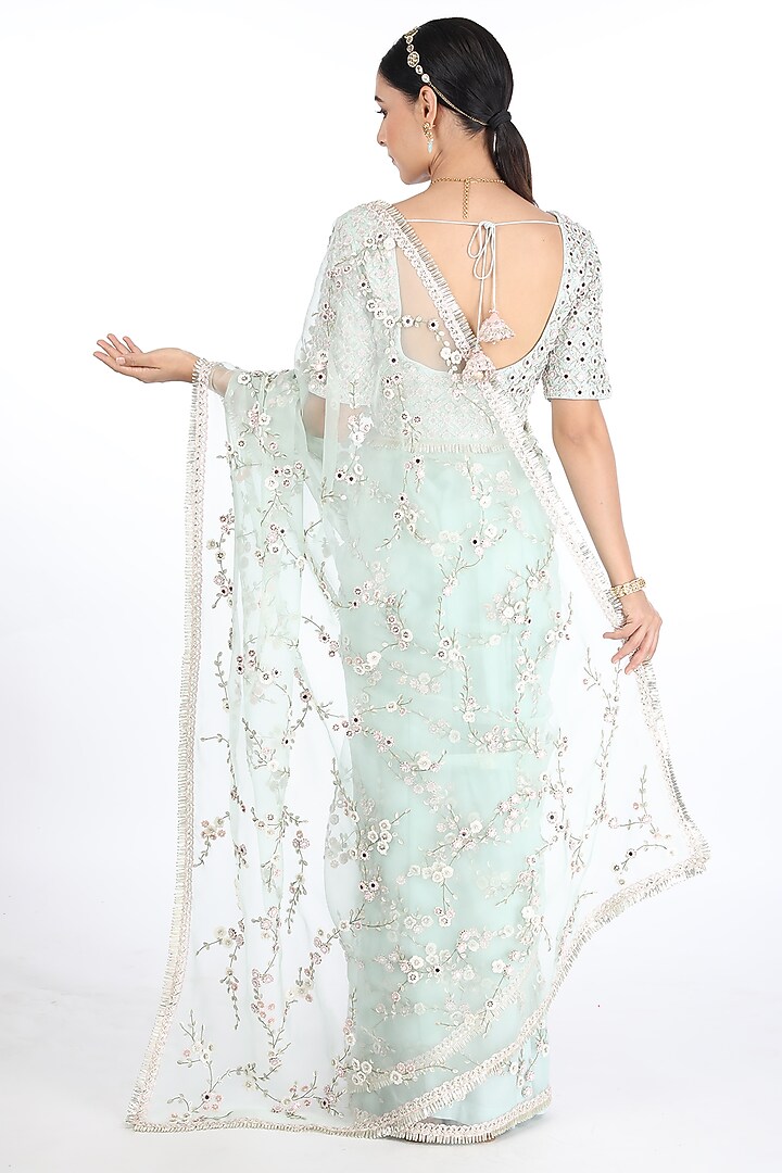 Teal Hand Embroidered Wedding Saree Set by Summer by Priyanka Gupta at Pernia's Pop Up Shop