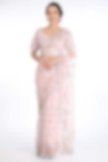 Light Pink Organza Embroidered Reception Saree Set by Summer by Priyanka Gupta at Pernia's Pop Up Shop