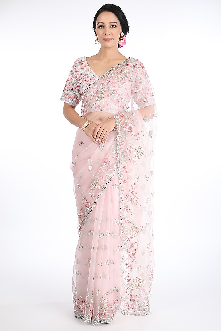 Light Pink Organza Embroidered Reception Saree Set by Summer by Priyanka Gupta at Pernia's Pop Up Shop