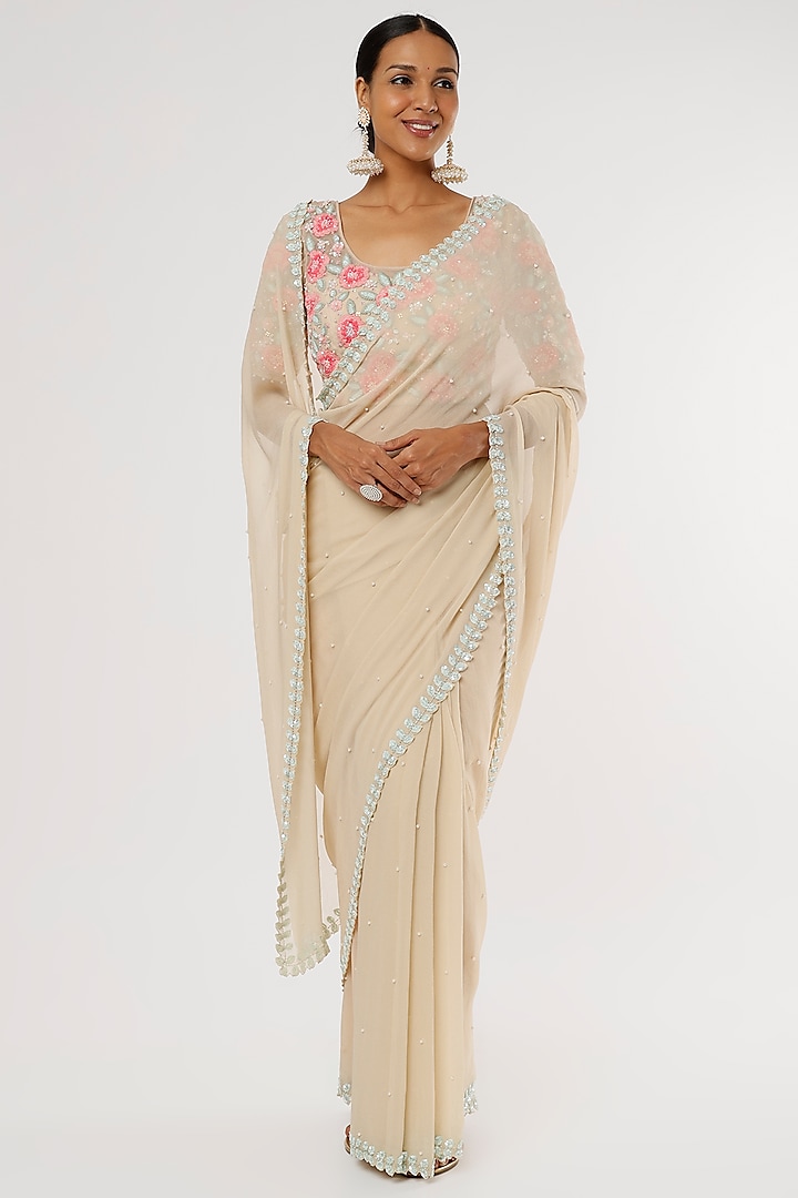 Beige Embroidered Saree Set by Summer by Priyanka Gupta