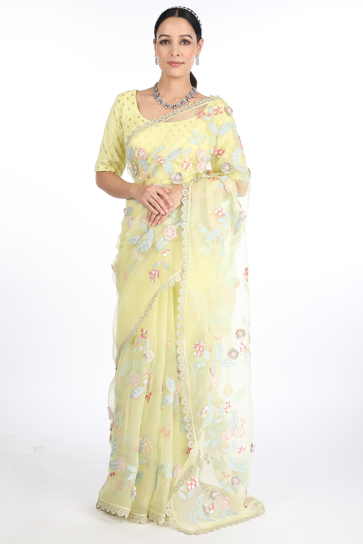 Lemon Yellow Gota Embroidered Saree Set by Summer by Priyanka Gupta