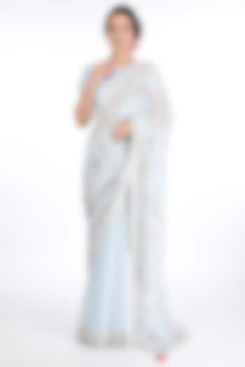 Ice Blue Chiffon Embroidered Saree Set by Summer by Priyanka Gupta at Pernia's Pop Up Shop