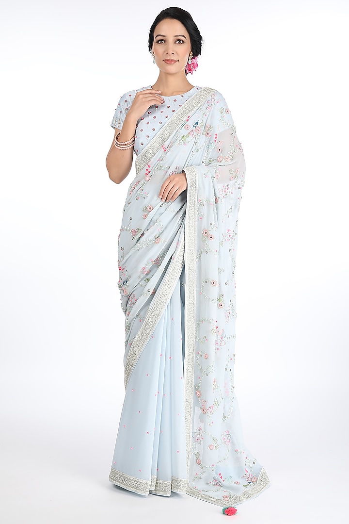 Ice Blue Chiffon Embroidered Saree Set by Summer by Priyanka Gupta at Pernia's Pop Up Shop