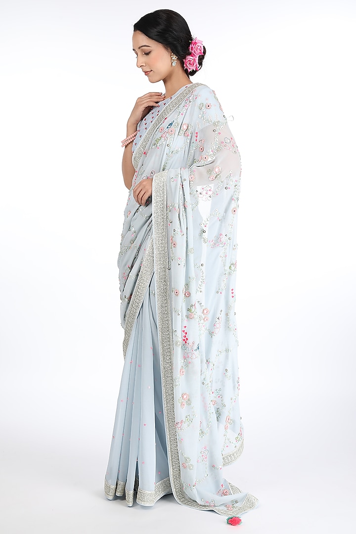Ice Blue Chiffon Embroidered Wedding Saree Set by Summer by Priyanka Gupta at Pernia's Pop Up Shop